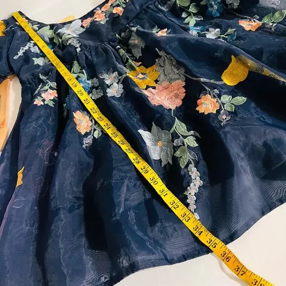 ASOS Floral Embroidered Tulle Puff Sleeve Babydoll Dress Size 14 Navy Multi - Picture 7 of 8